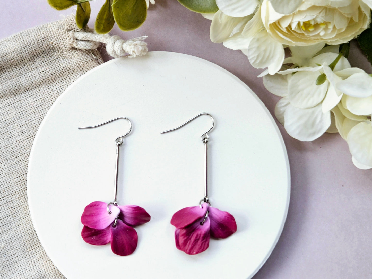 Petal Drop Silver Earrings Purple