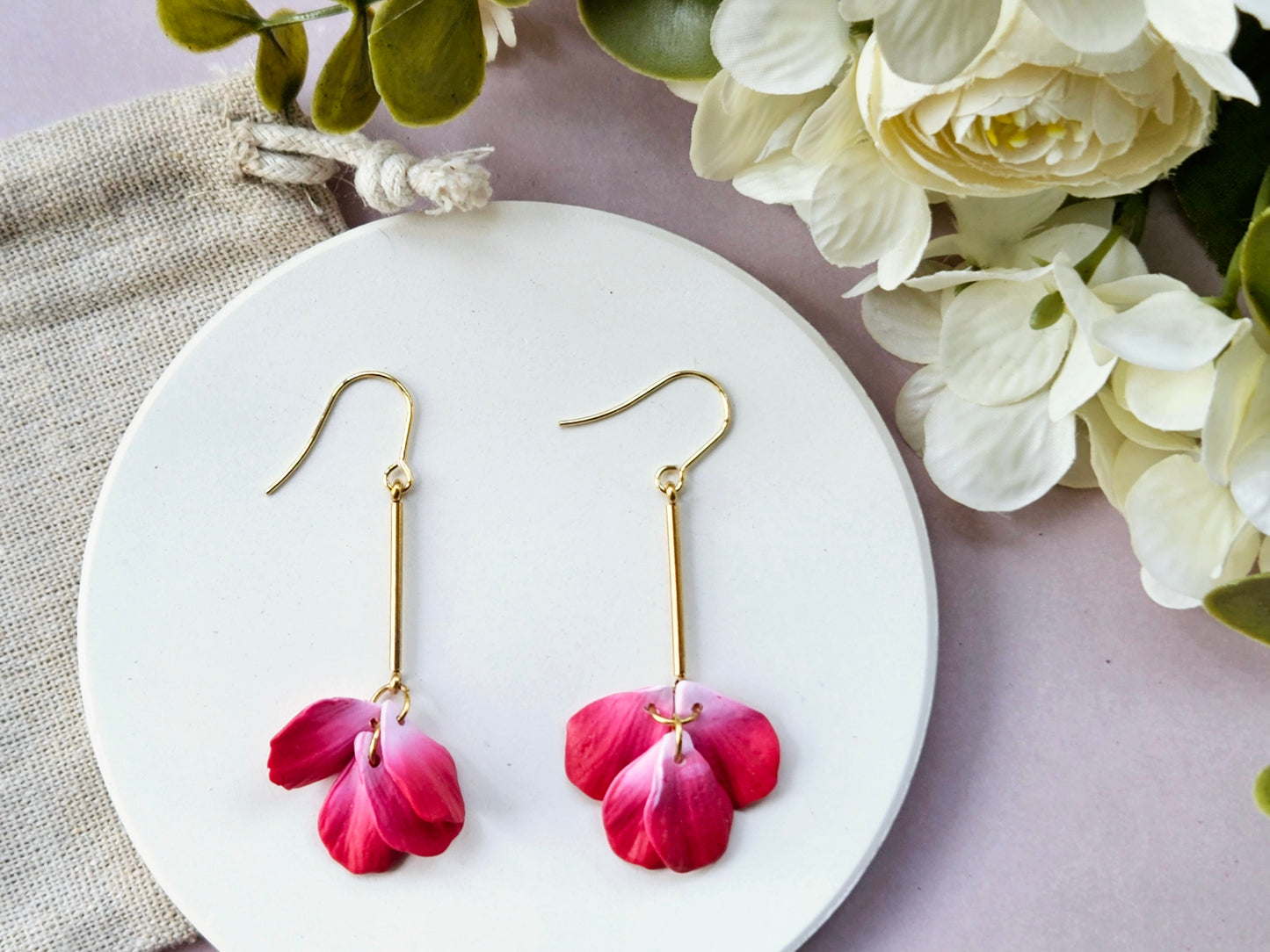 Petal Drop Gold Earrings Red