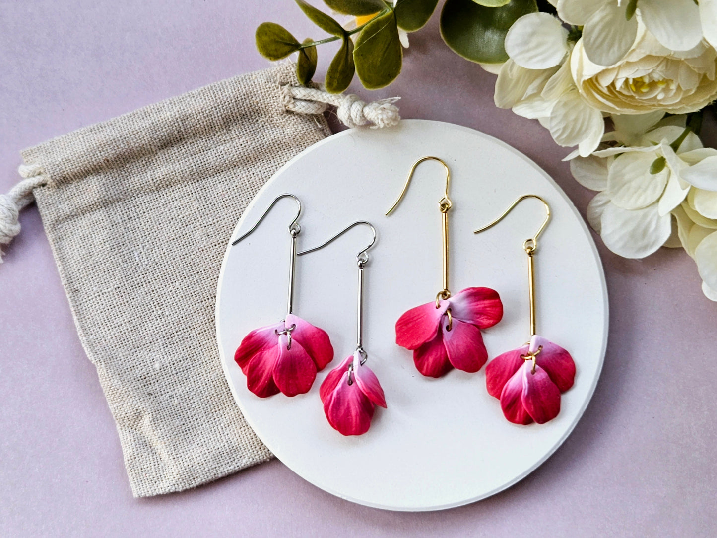 Petal Drop Silver Earrings Red