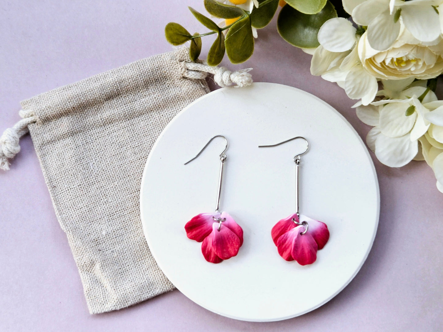 Petal Drop Silver Earrings Red