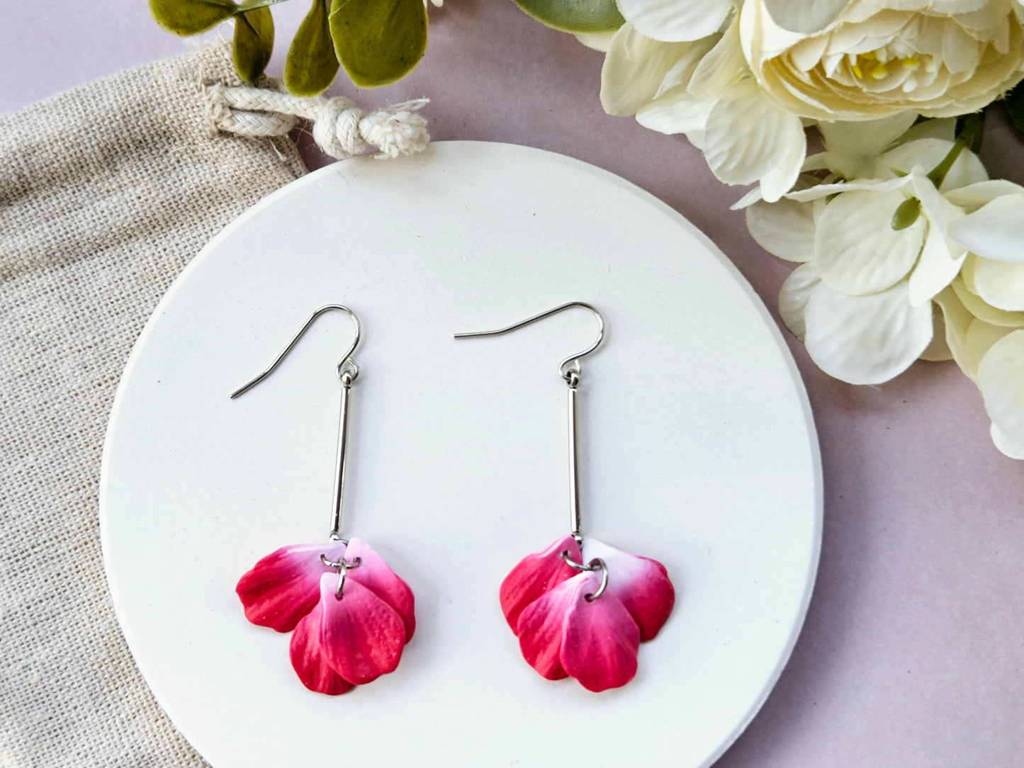 Petal Drop Silver Earrings Red