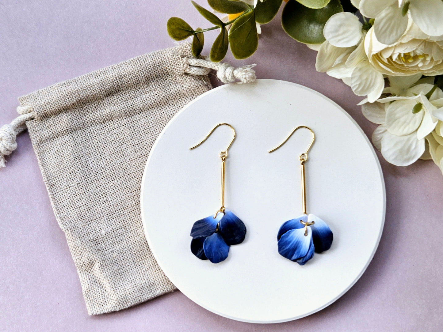 Petal Drop Gold Earrings Navy