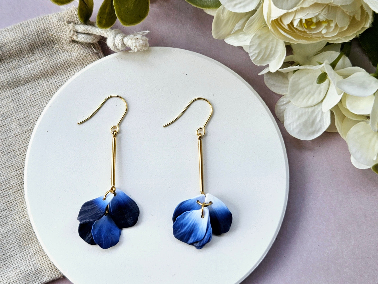 Petal Drop Gold Earrings Navy