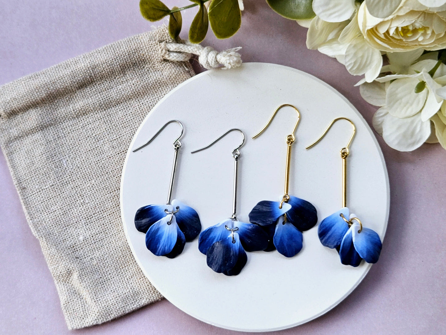 Petal Drop Gold Earrings Navy