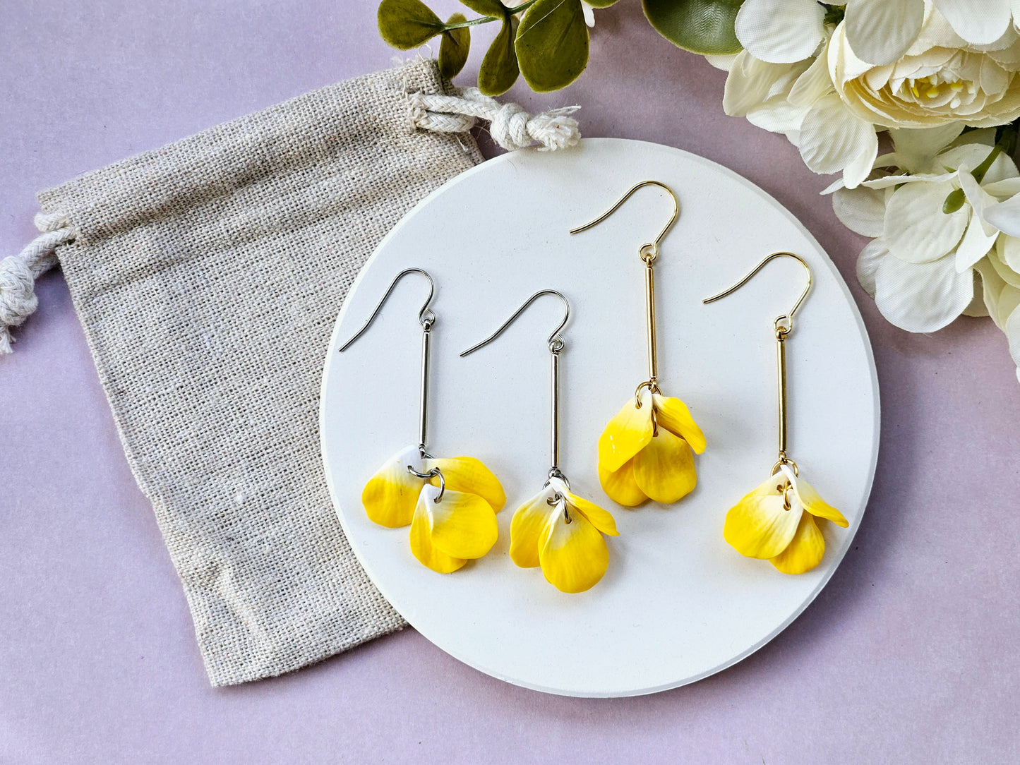 Petal Drop Silver Earrings Yellow