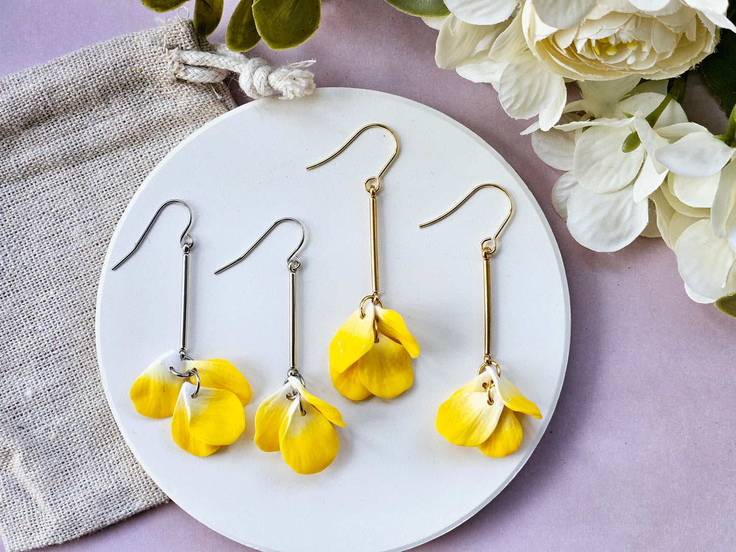 Petal Drop Silver Earrings Yellow