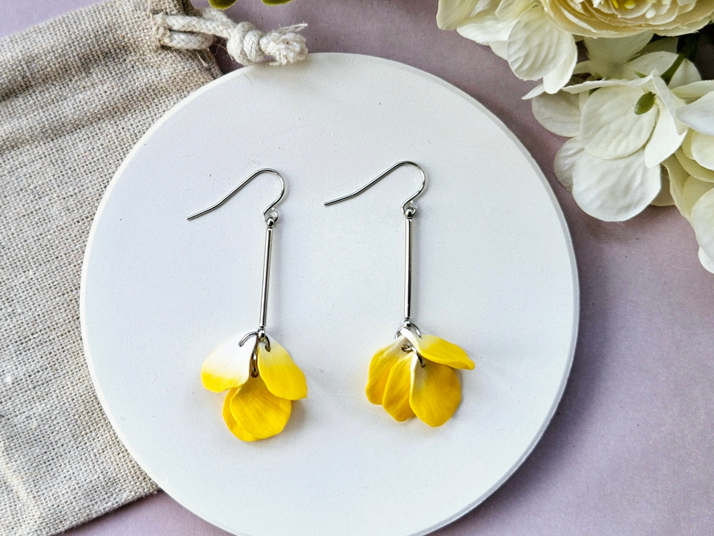 Petal Drop Silver Earrings Yellow