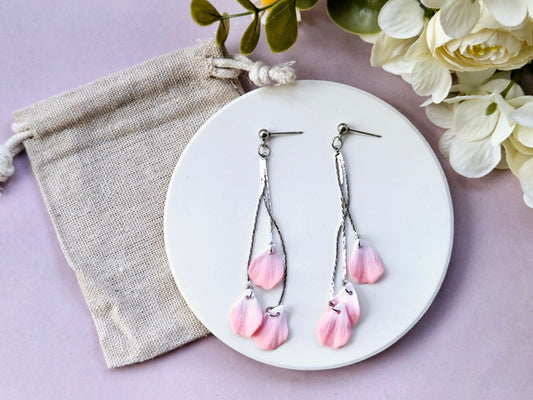 Petal Drop Silver Three Petal Earrings Pink