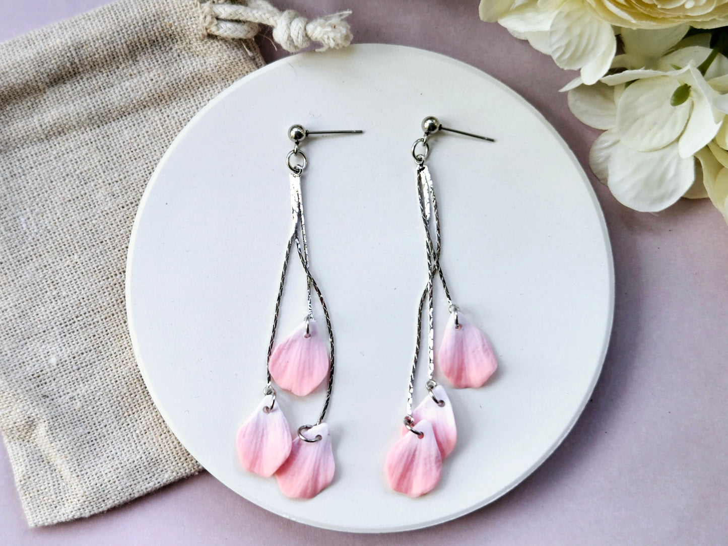 Petal Drop Silver Three Petal Earrings Pink