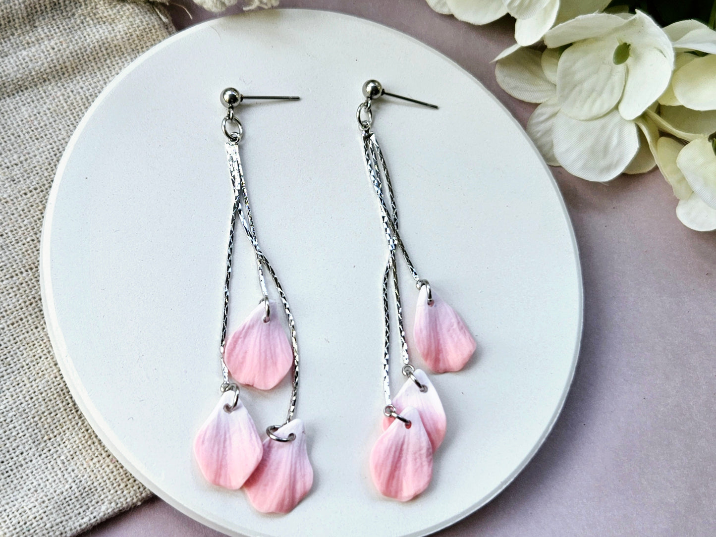 Petal Drop Silver Three Petal Earrings Pink