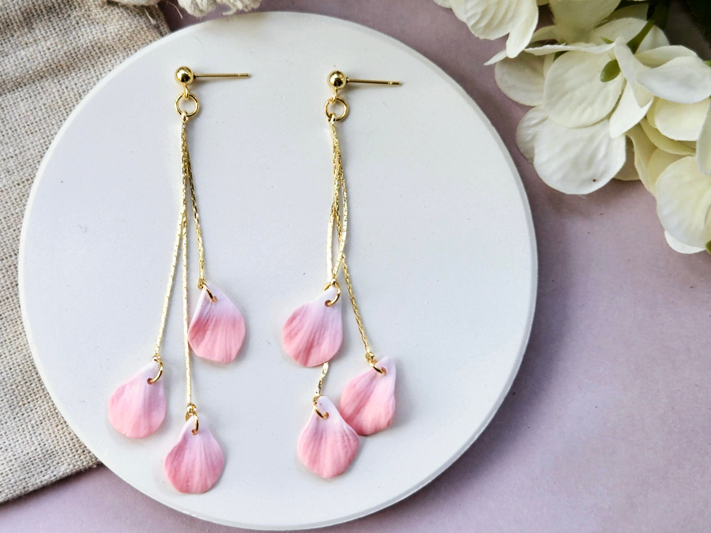 Petal Drop Gold Three Petal Earrings Pink