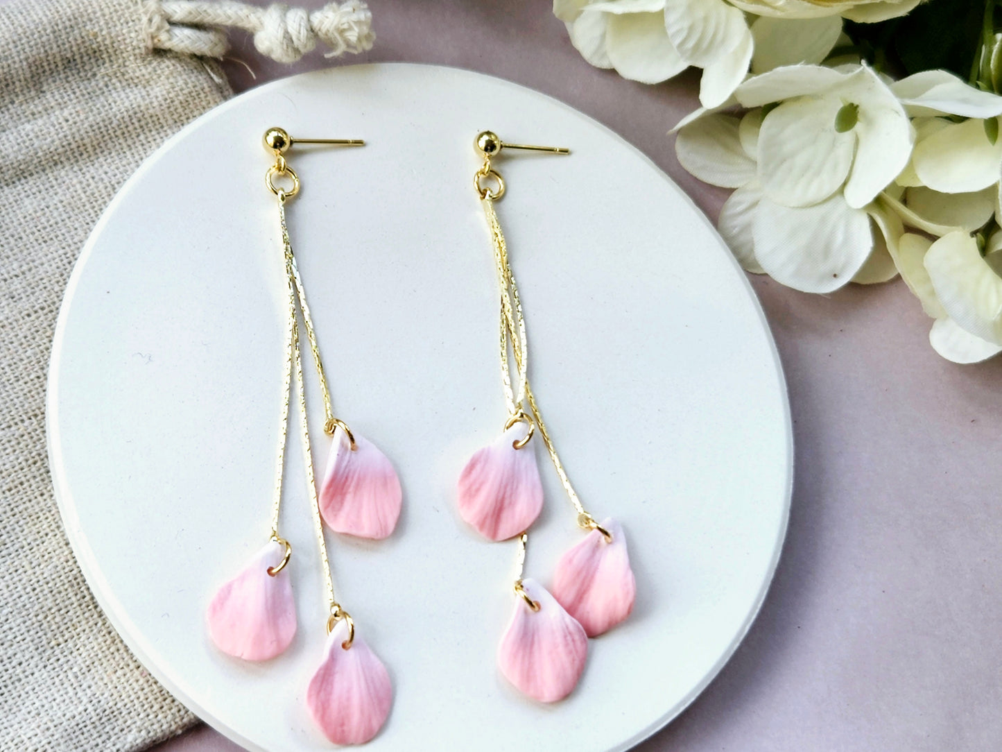 Petal Drop Gold Three Petal Earrings Pink