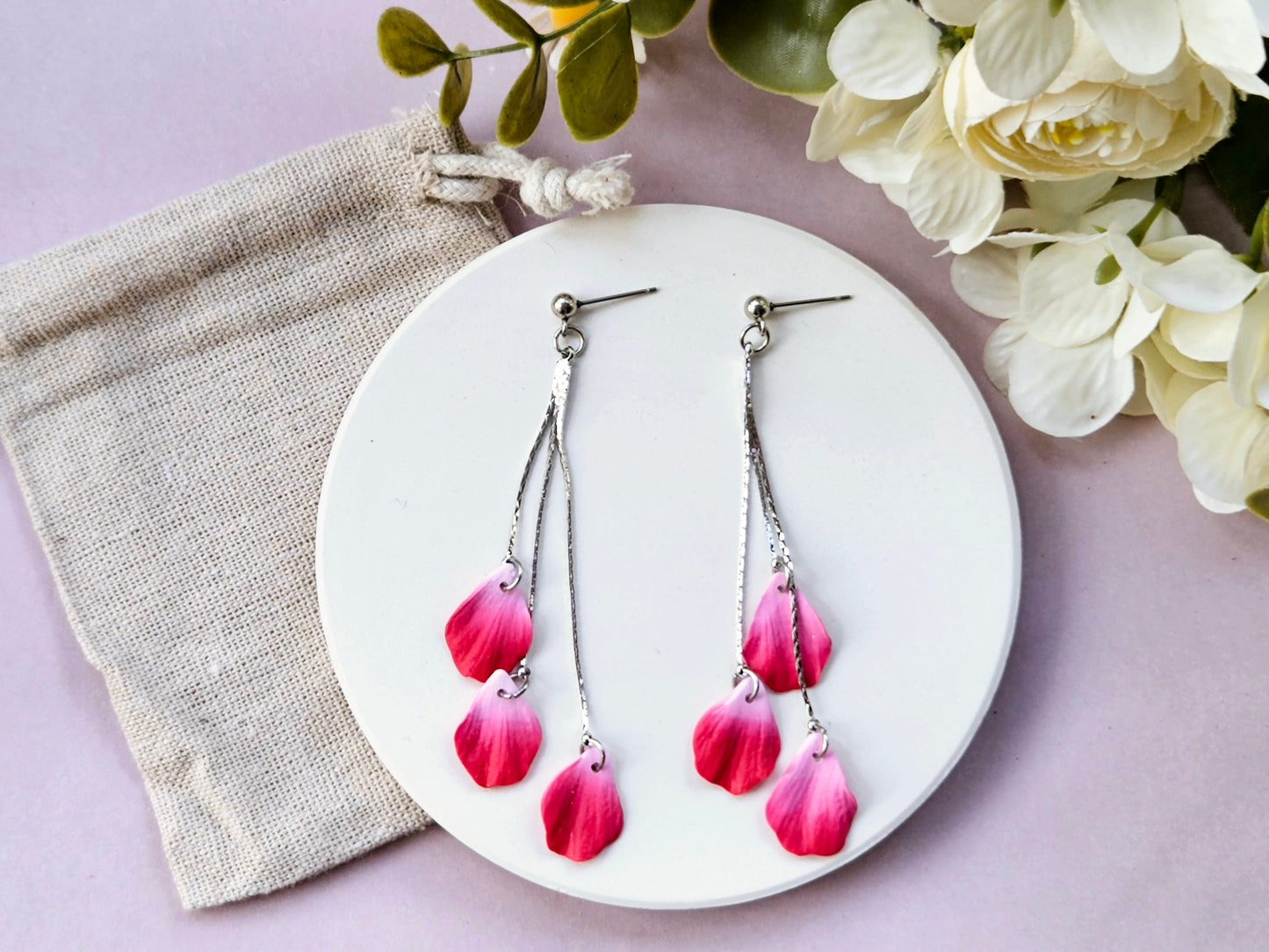 Petal Drop Silver Three Petal Earrings Red