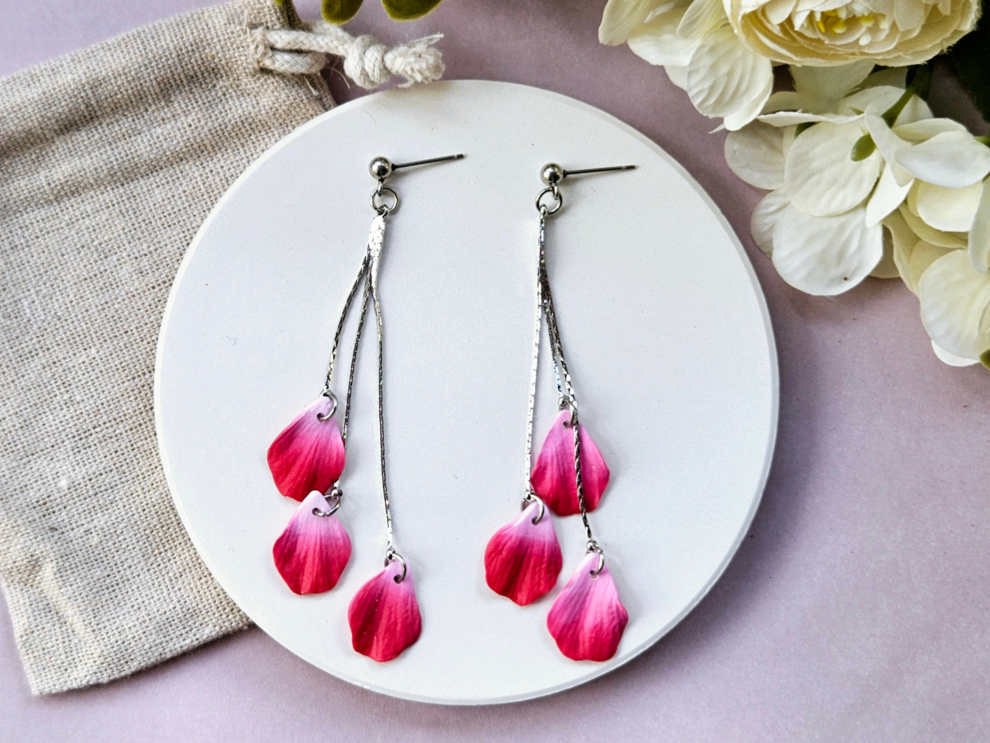 Petal Drop Silver Three Petal Earrings Red