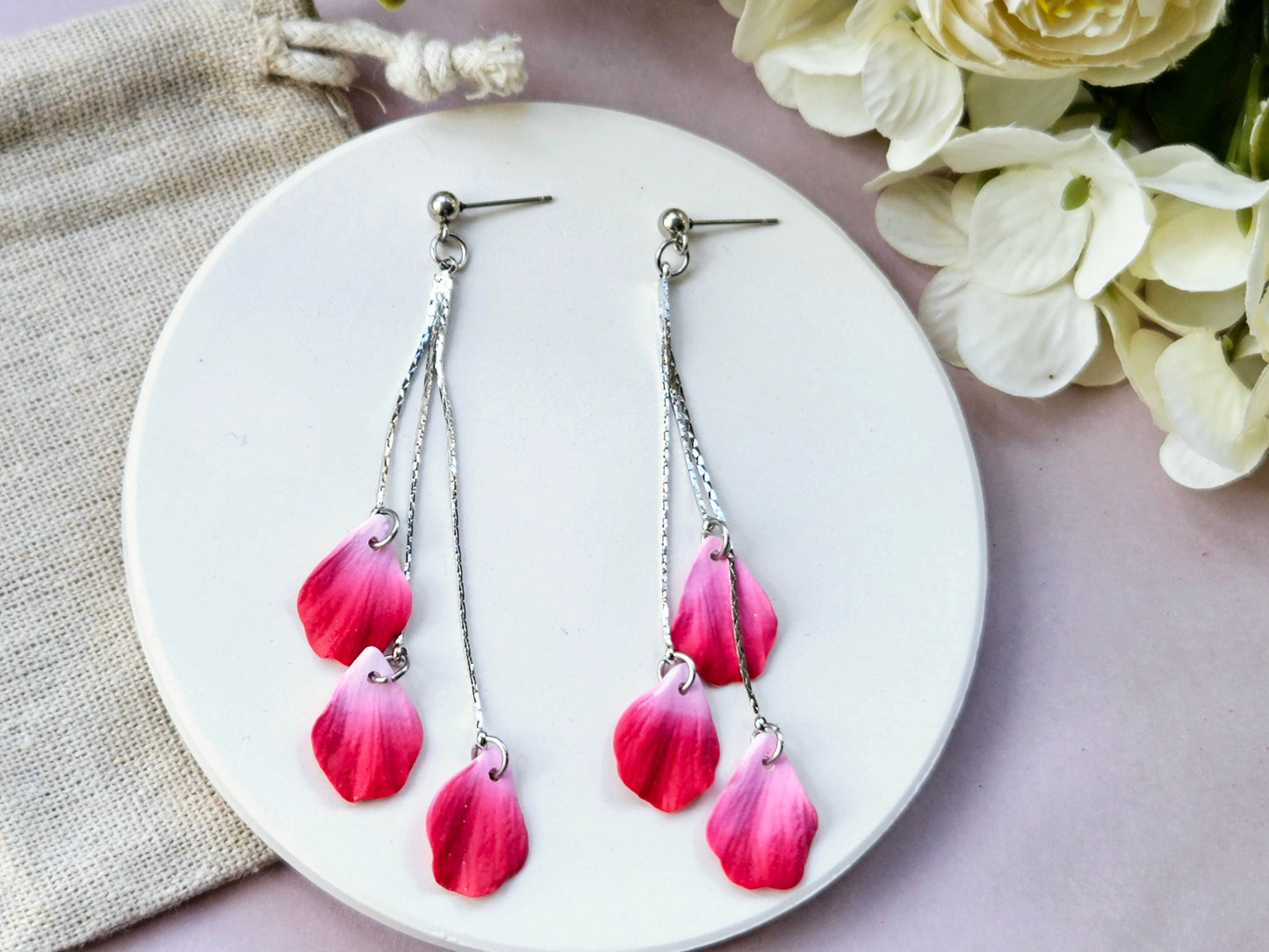 Petal Drop Silver Three Petal Earrings Red