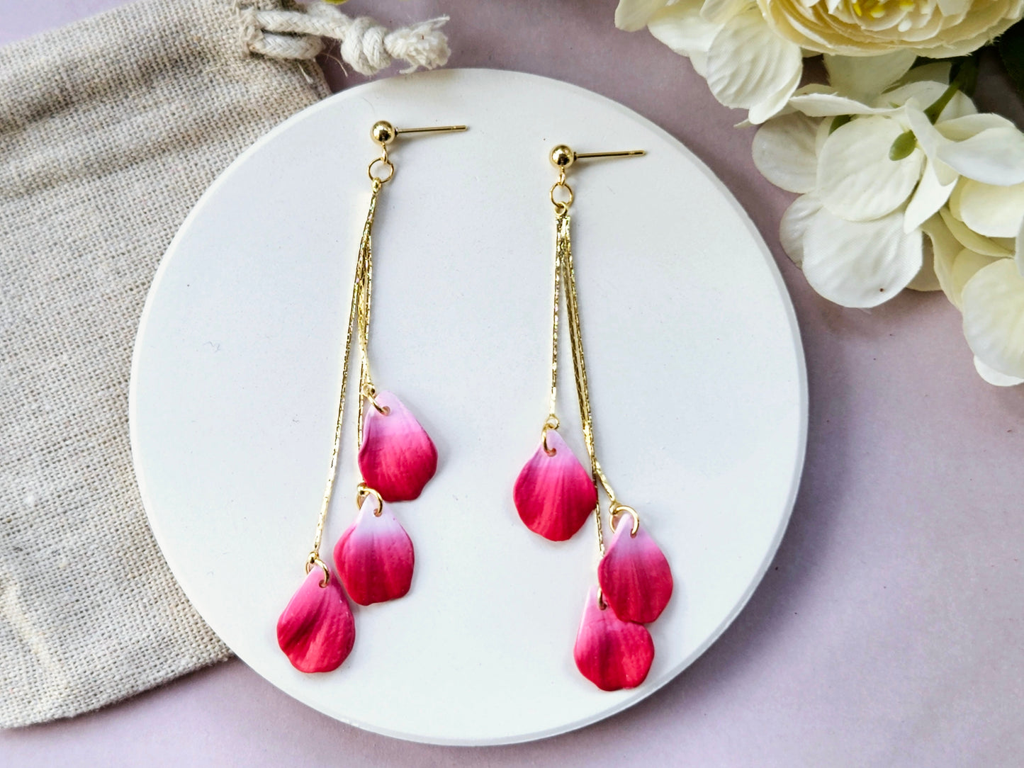 Petal Drop Gold Three Petal Earrings Red