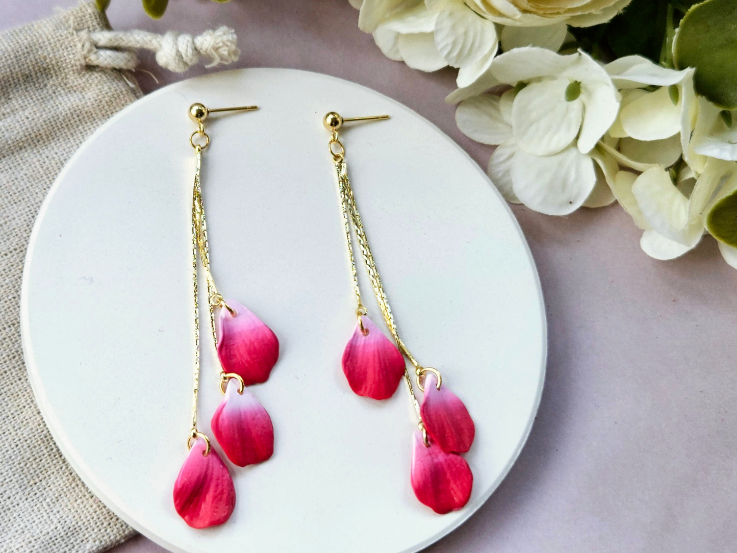 Petal Drop Gold Three Petal Earrings Red