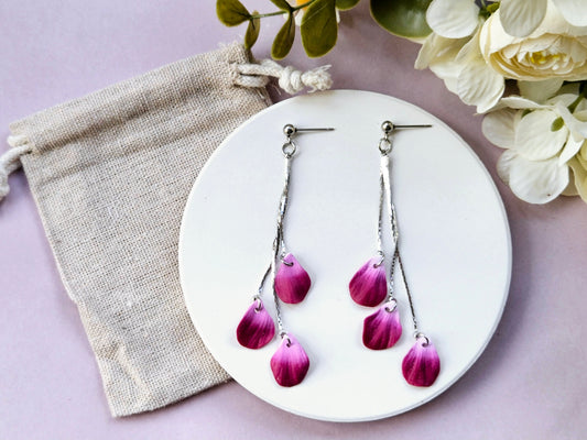 Petal Drop Silver Three Petal Earrings Purple