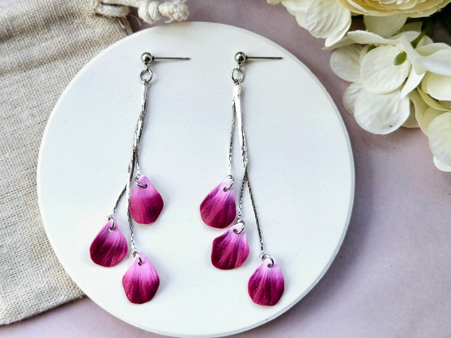 Petal Drop Silver Three Petal Earrings Purple