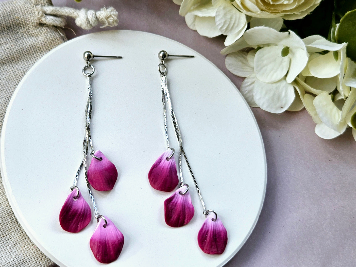 Petal Drop Silver Three Petal Earrings Purple