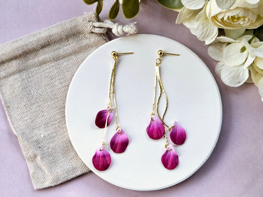 Petal Drop Gold Three Petal Earrings Purple