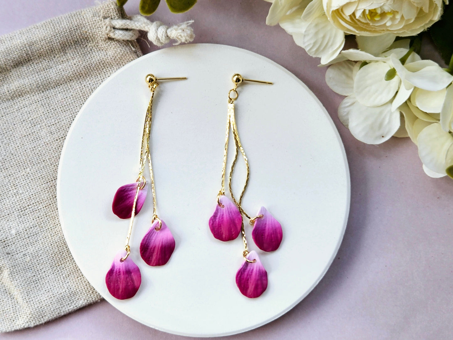 Petal Drop Gold Three Petal Earrings Purple