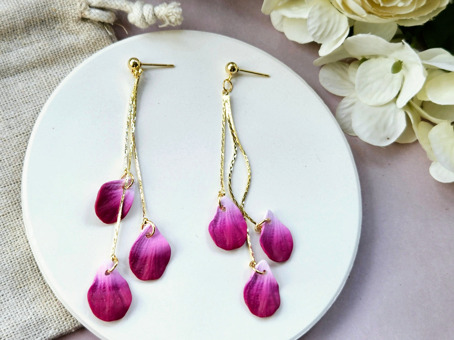 Petal Drop Gold Three Petal Earrings Purple