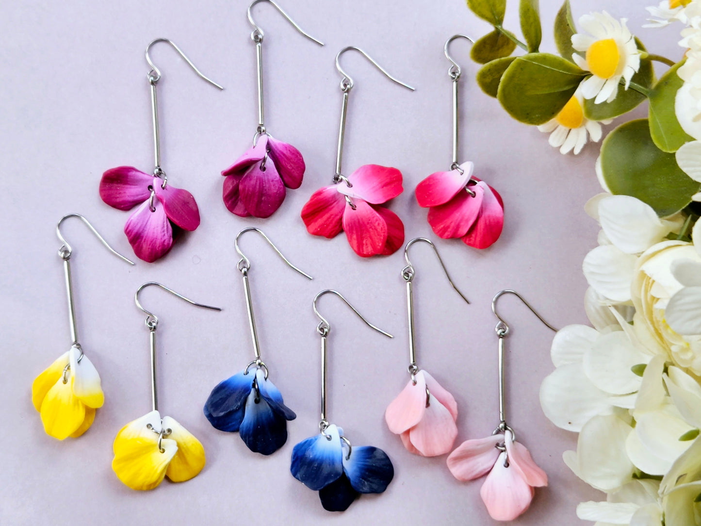 Petal Drop Silver Earrings Red