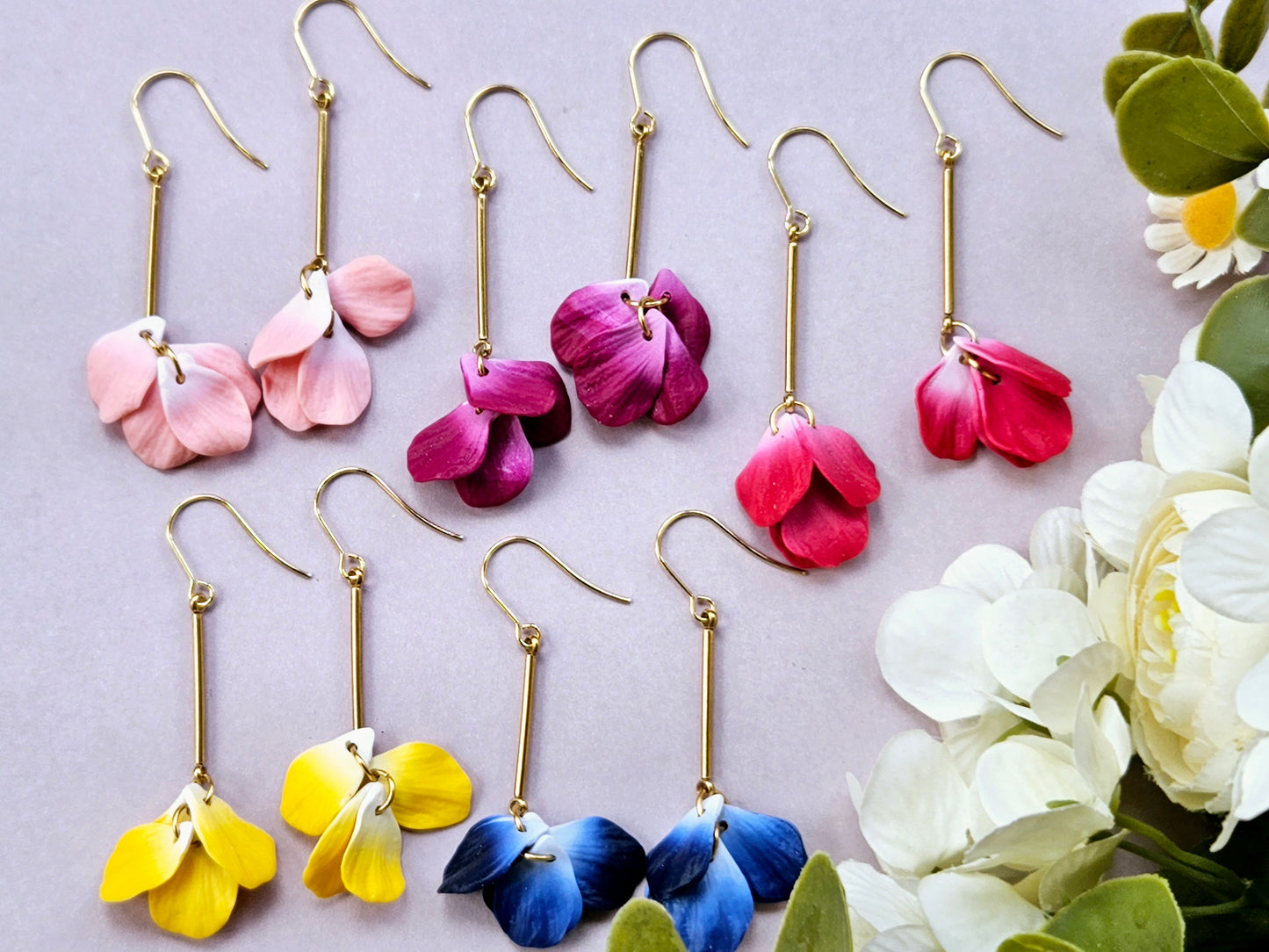 Petal Drop Gold Earrings Pink