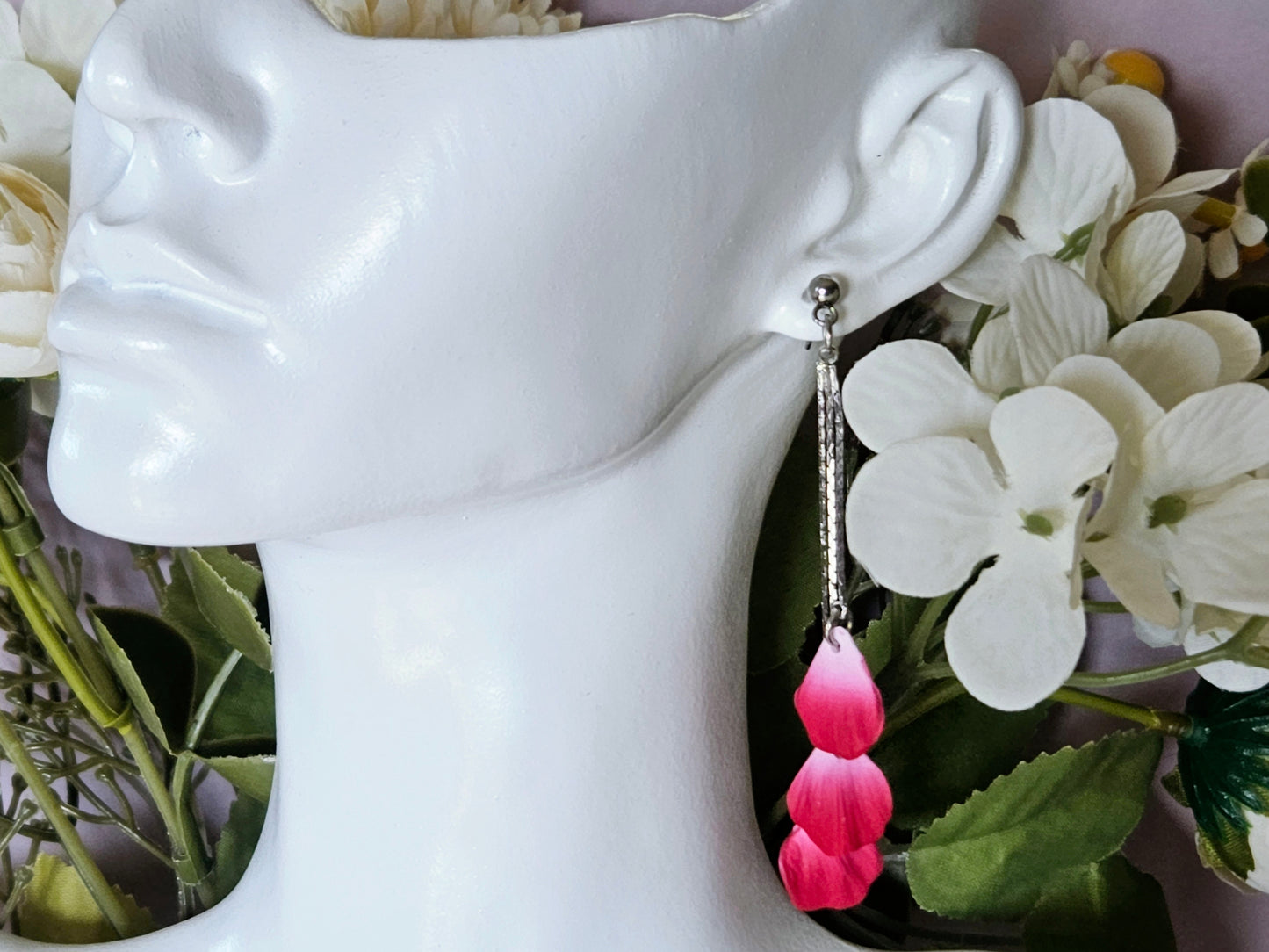 Petal Drop Silver Three Petal Earrings Red