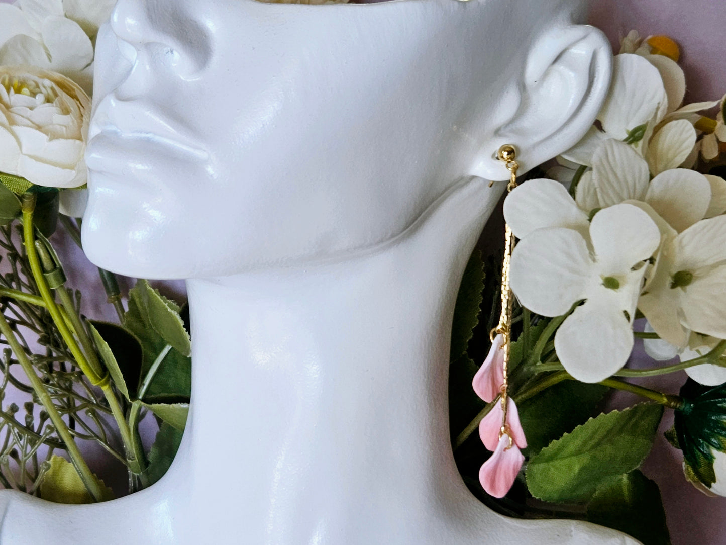 Petal Drop Gold Three Petal Earrings Pink