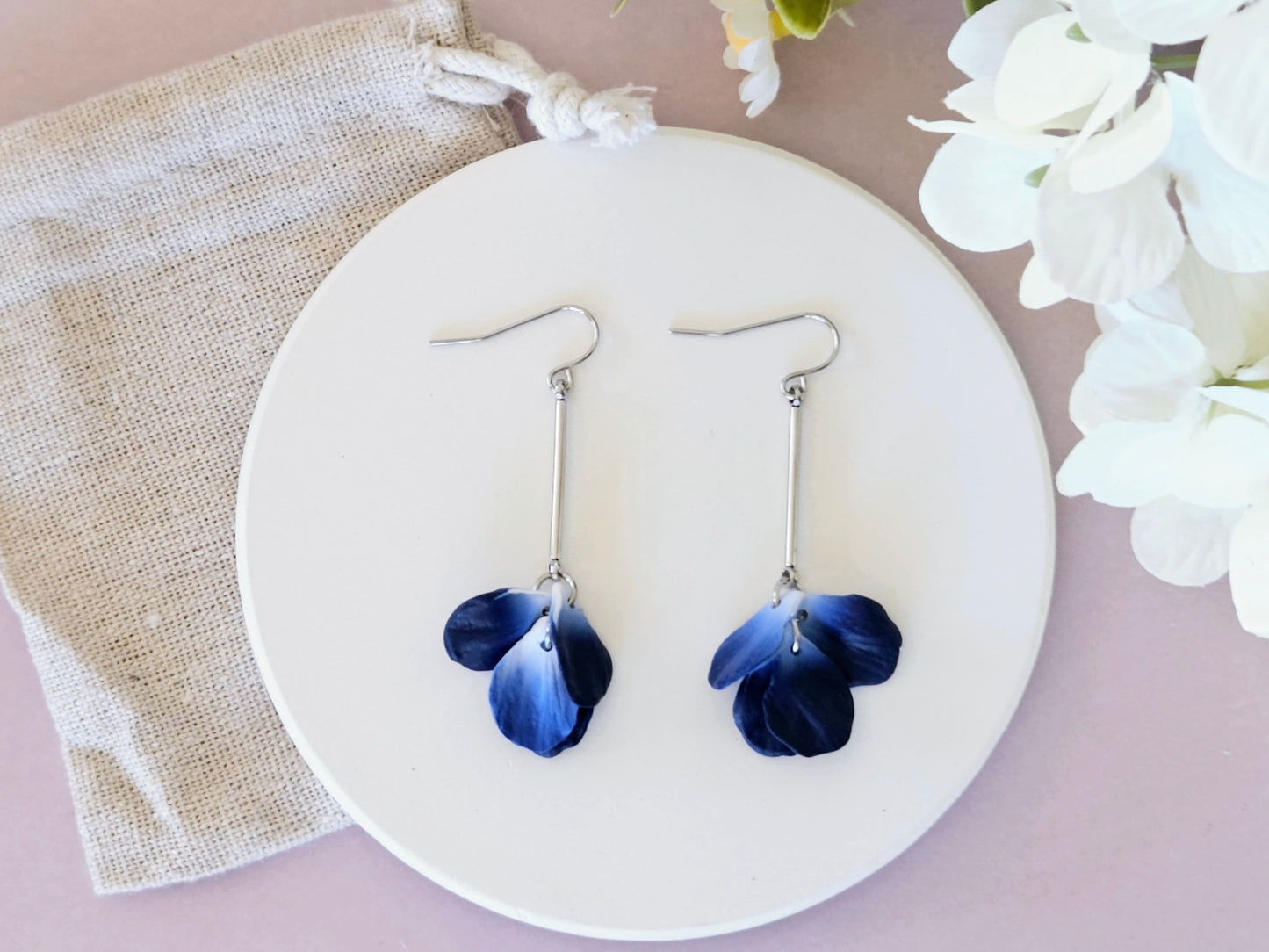 Petal Drop Silver Earrings Navy