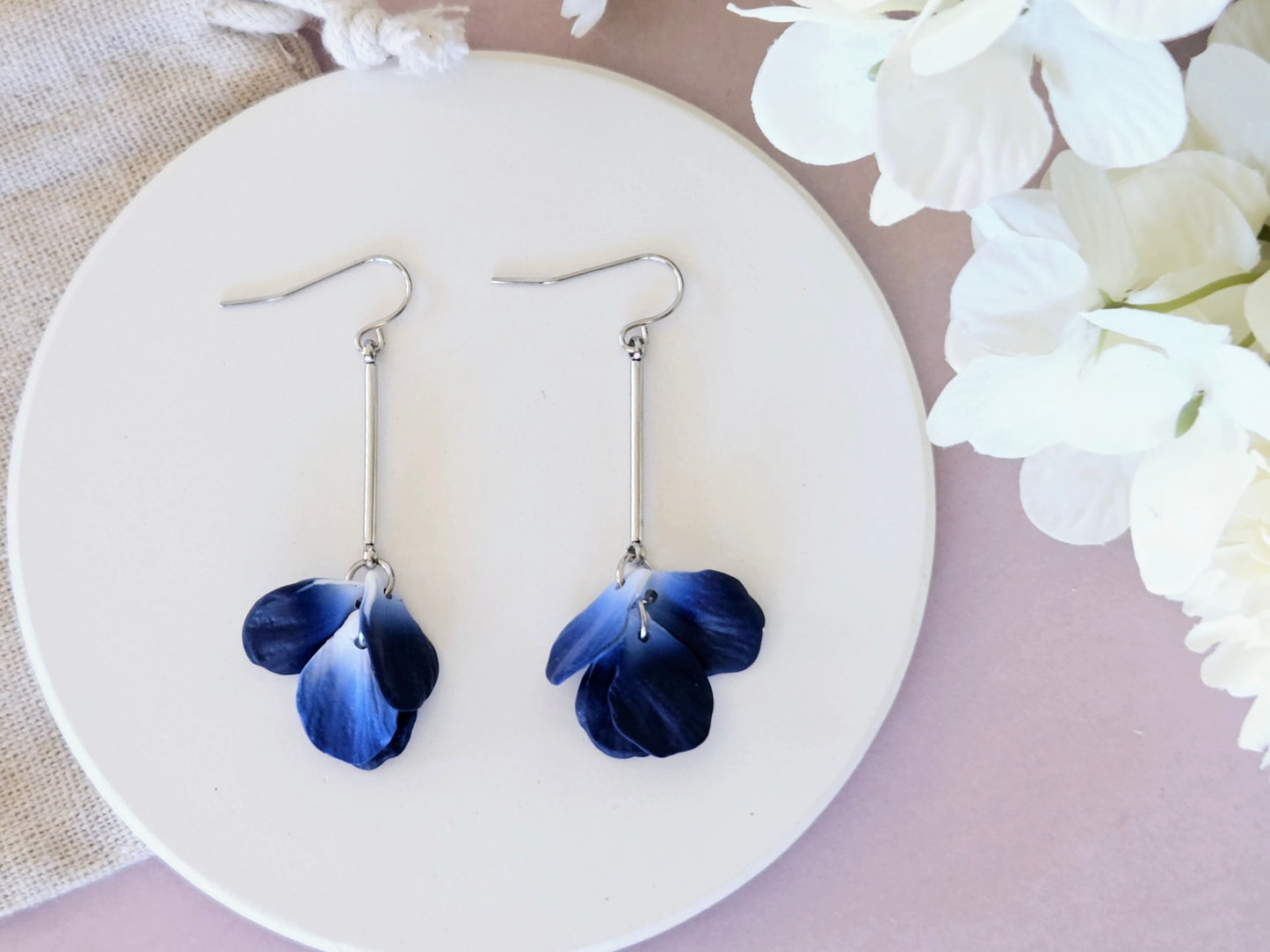 Petal Drop Silver Earrings Navy