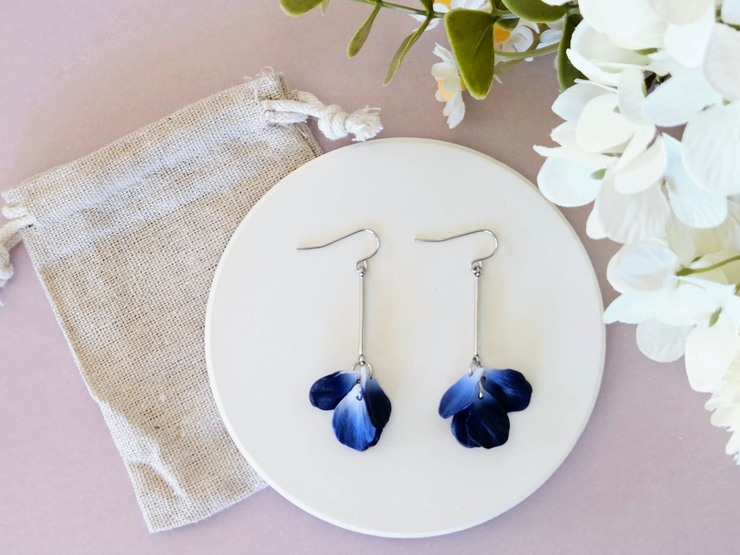 Petal Drop Silver Earrings Navy