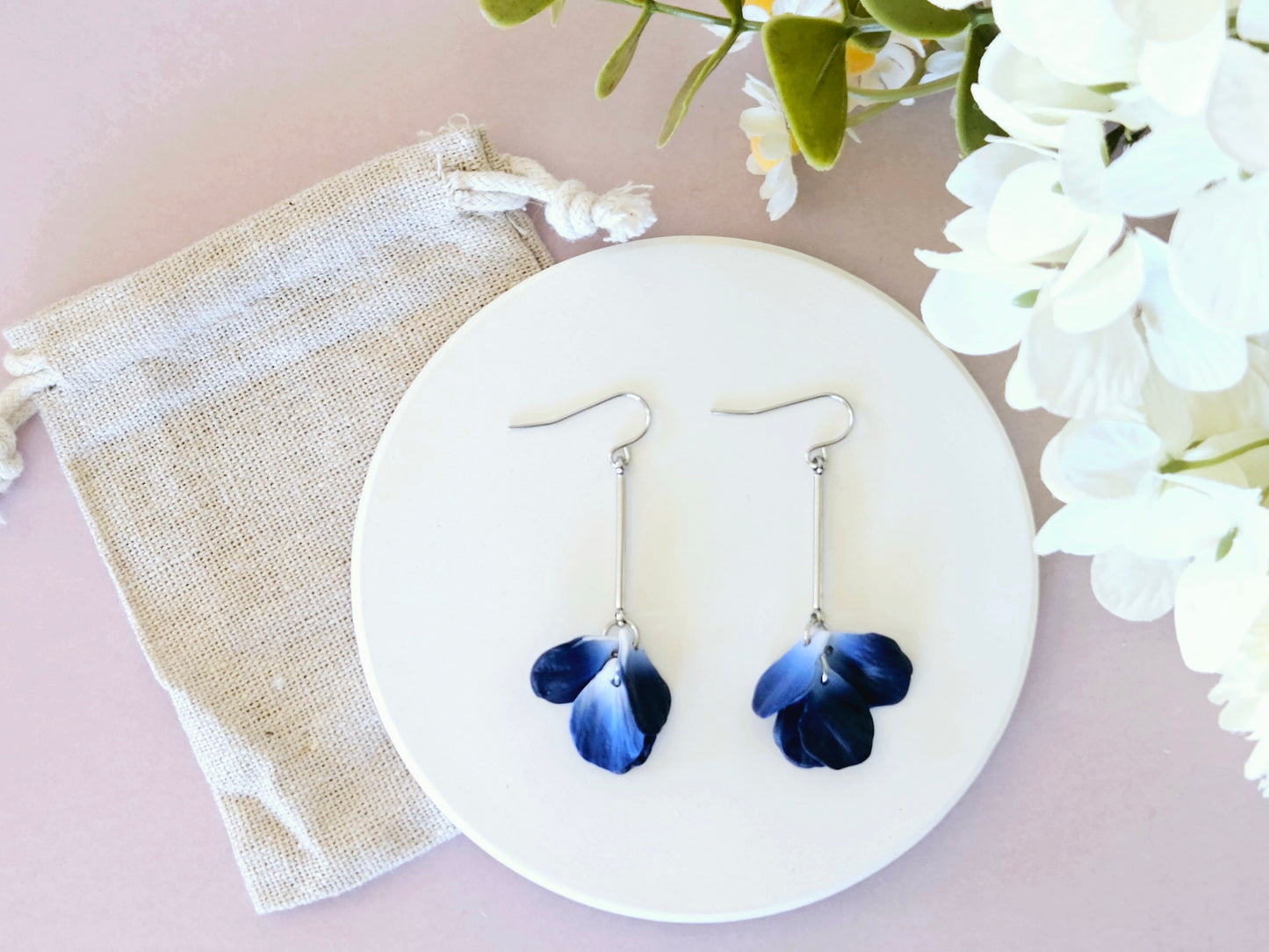 Petal Drop Silver Earrings Navy