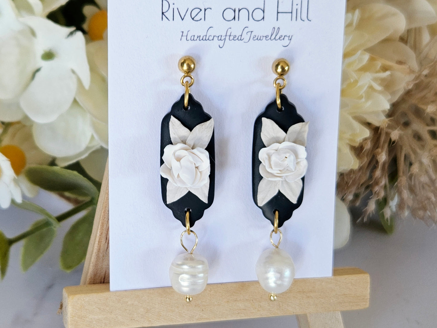 Black and White Floral Pearl Drop Earrings