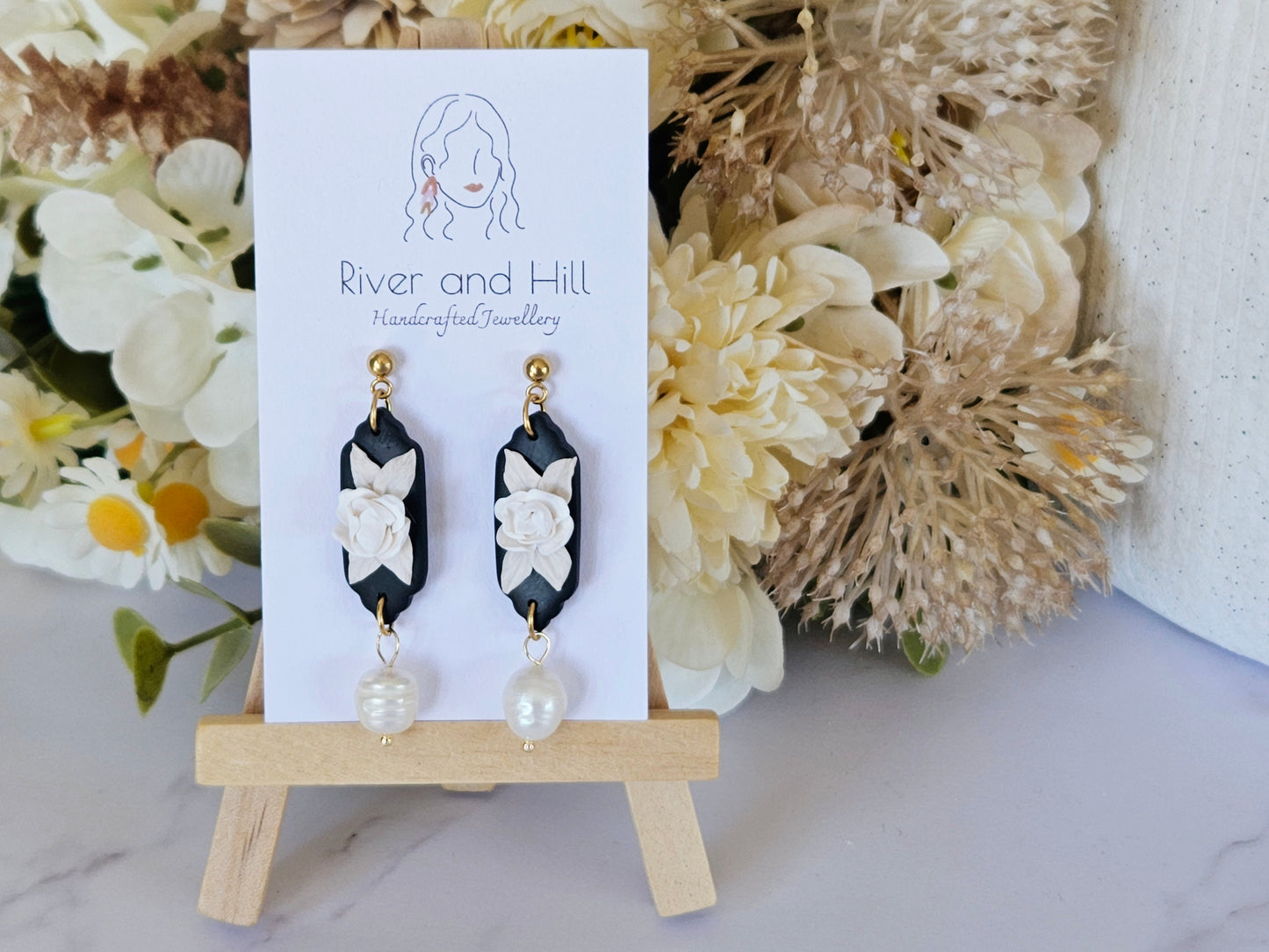 Black and White Floral Pearl Drop Earrings