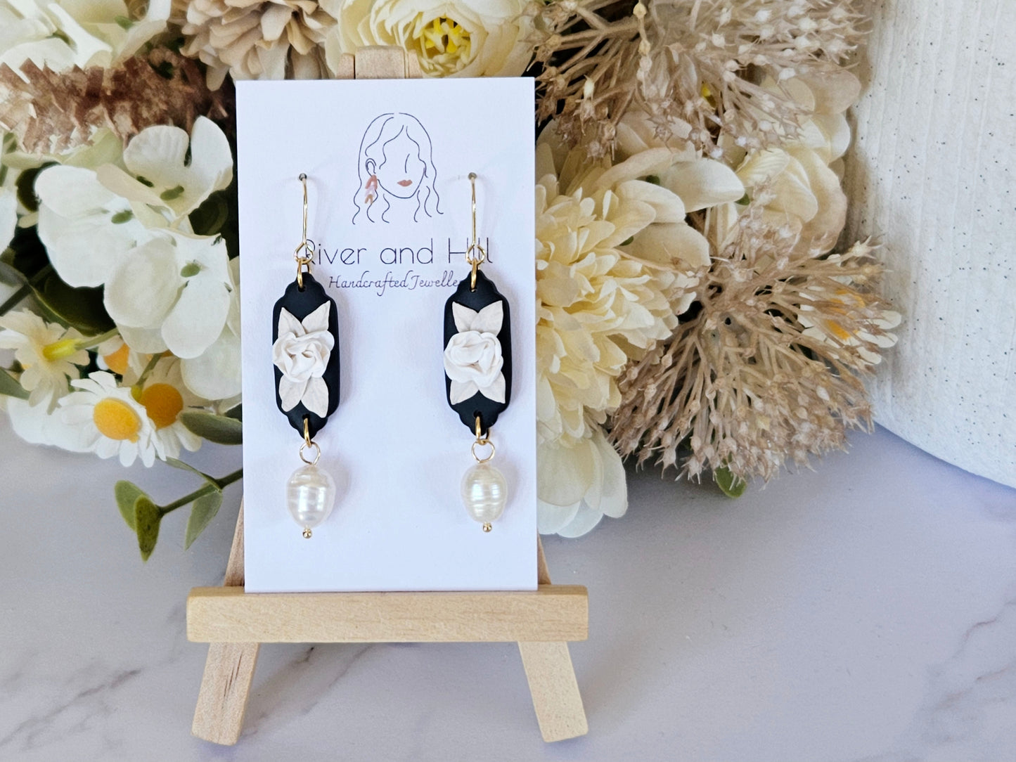 Black and White Floral Pearl Drop Earrings