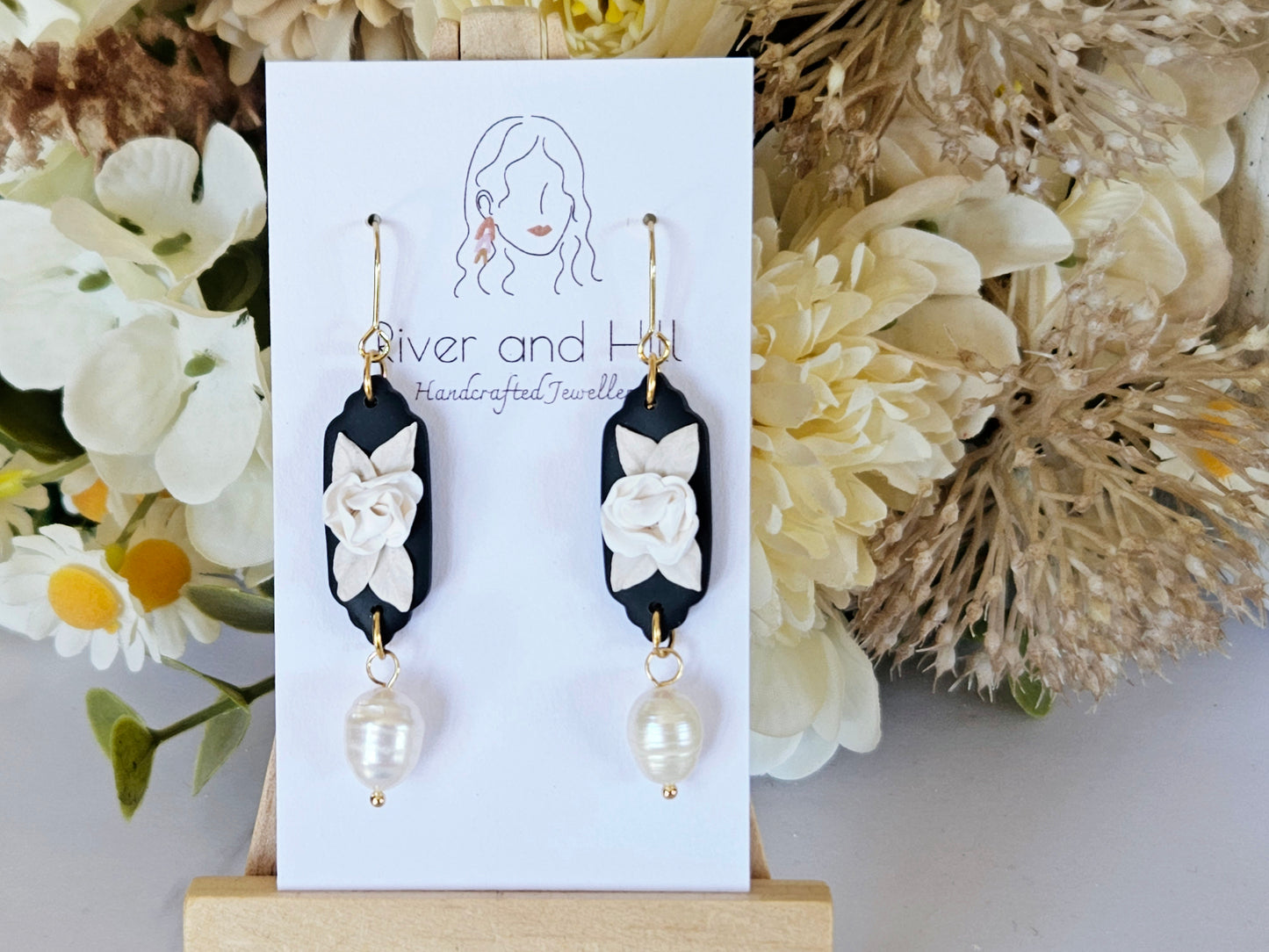 Black and White Floral Pearl Drop Earrings