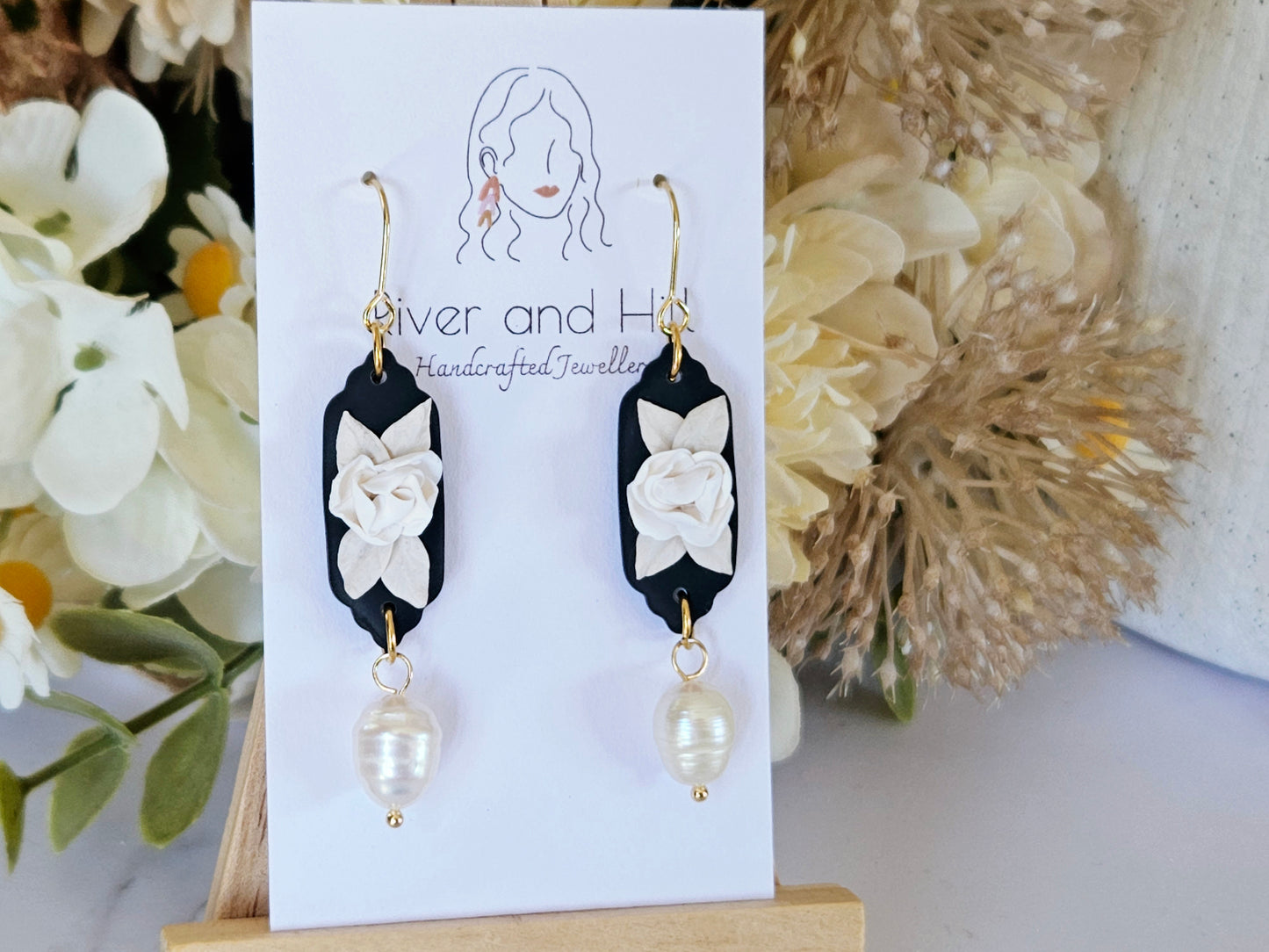 Black and White Floral Pearl Drop Earrings