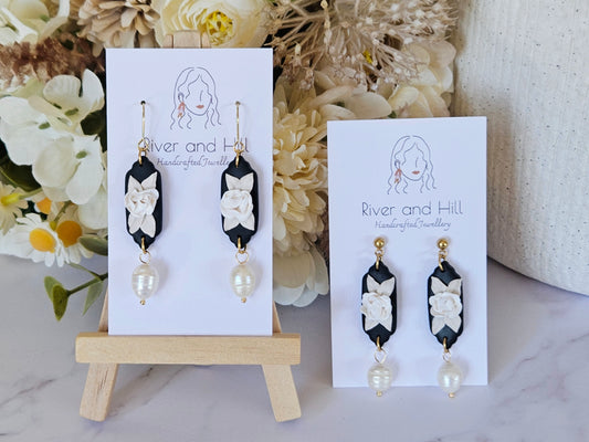 Black and White Floral Pearl Drop Earrings