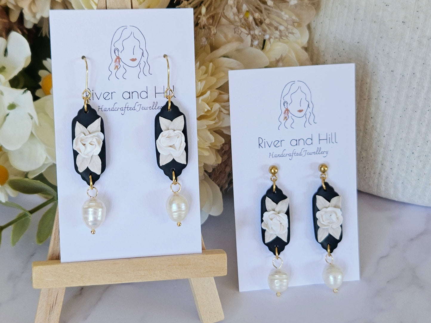 Black and White Floral Pearl Drop Earrings