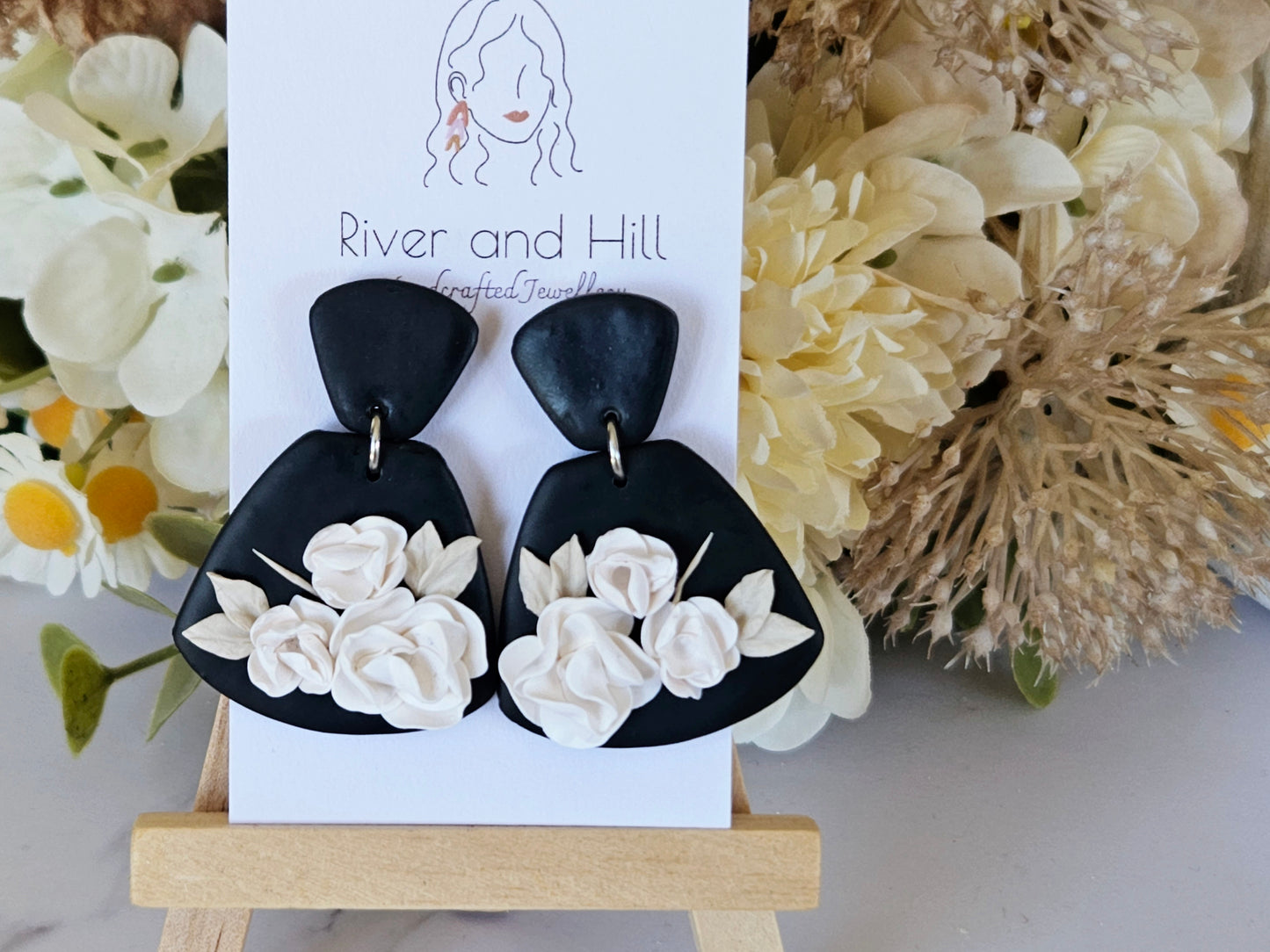 Black and White Floral Statement Earrings