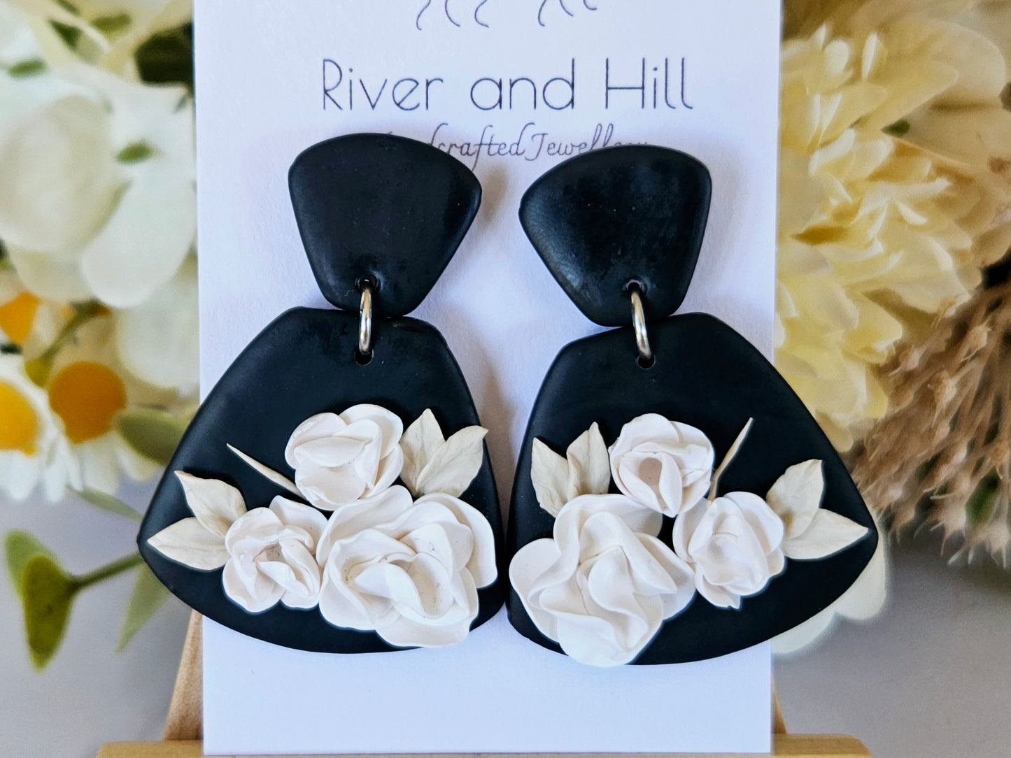 Black and White Floral Statement Earrings