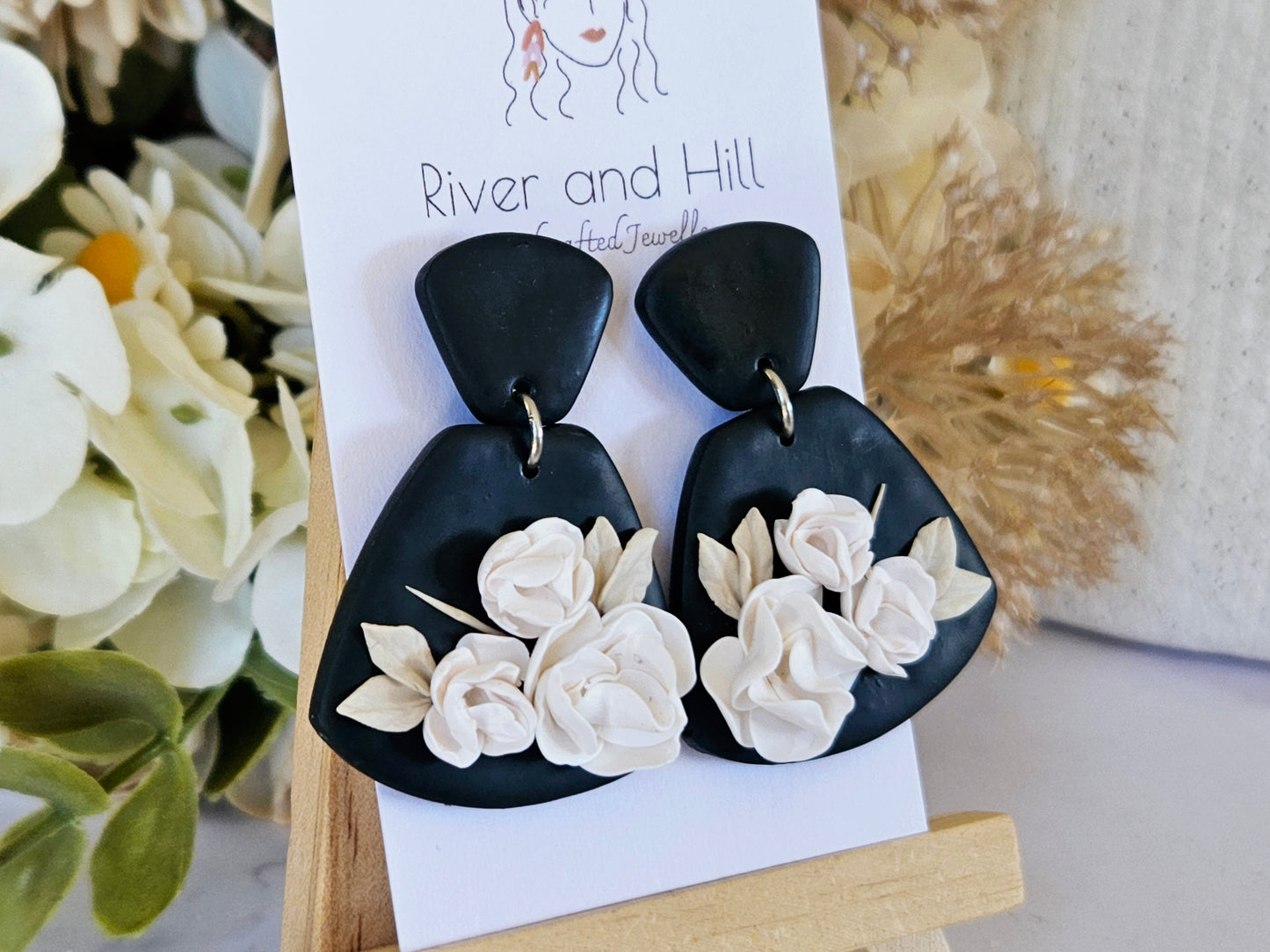 Black and White Floral Statement Earrings