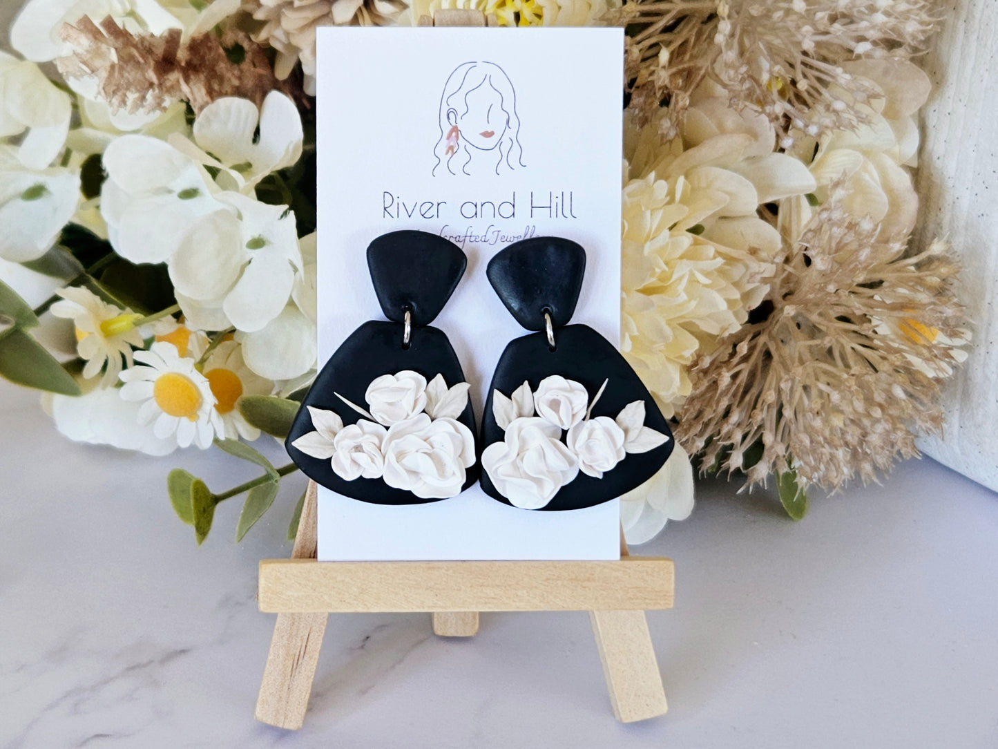 Black and White Floral Statement Earrings