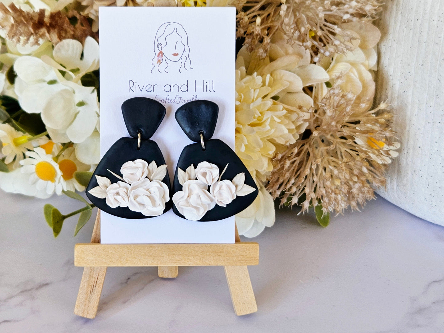 Black and White Floral Statement Earrings