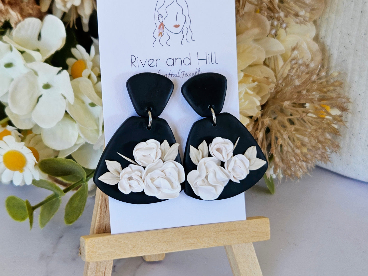 Black and White Floral Statement Earrings