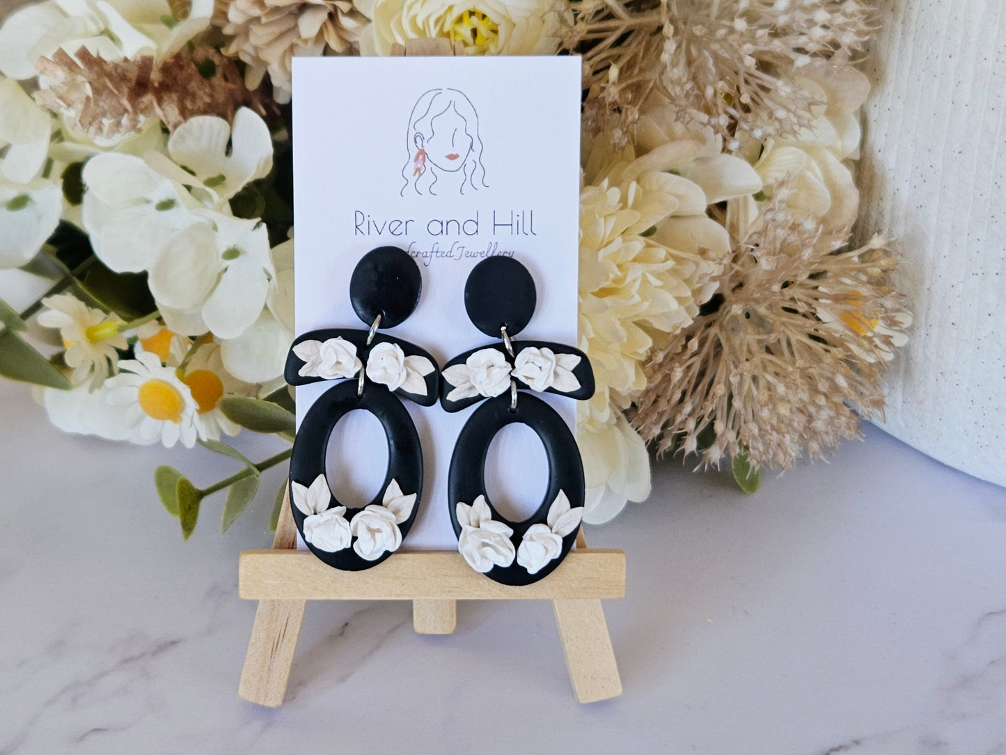 Black and White Floral Oval Earrings