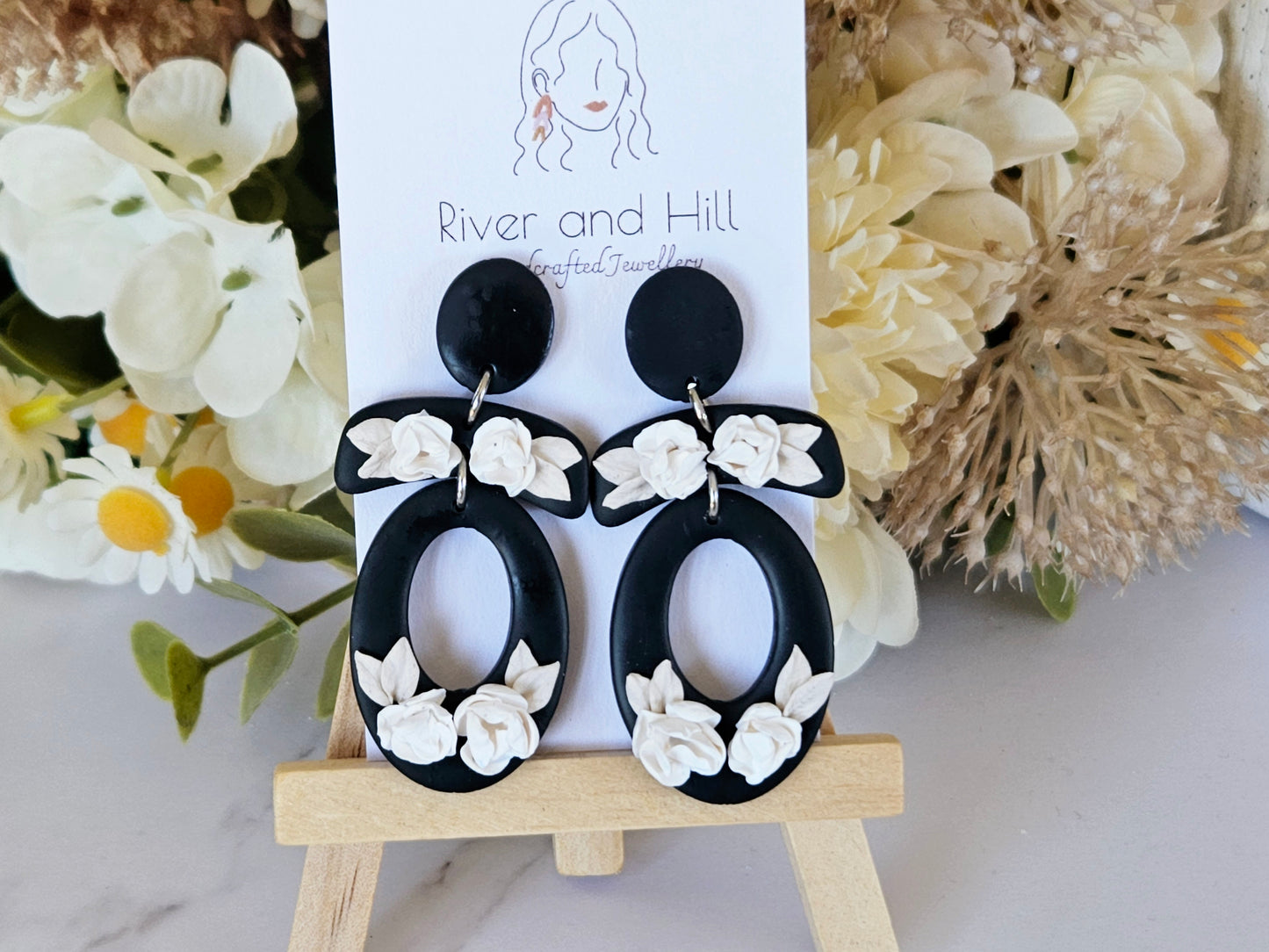 Black and White Floral Oval Earrings